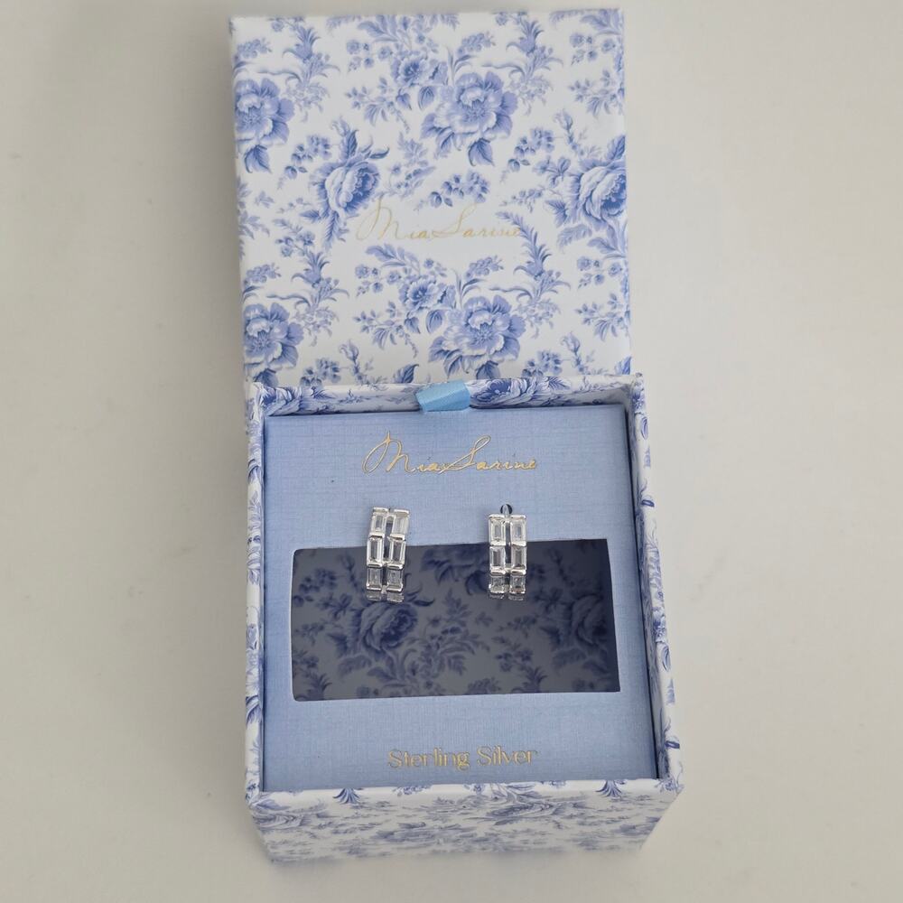 Mia Sarine Women Hoop Earrings Sterling Silver Clear Stone